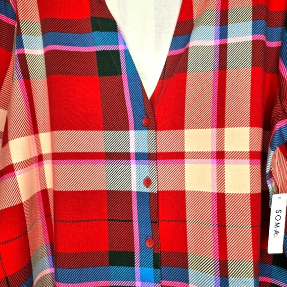Soma Embraceable Notch Collar Pajama Top. Red Plaid XL - Picture 6 of 14